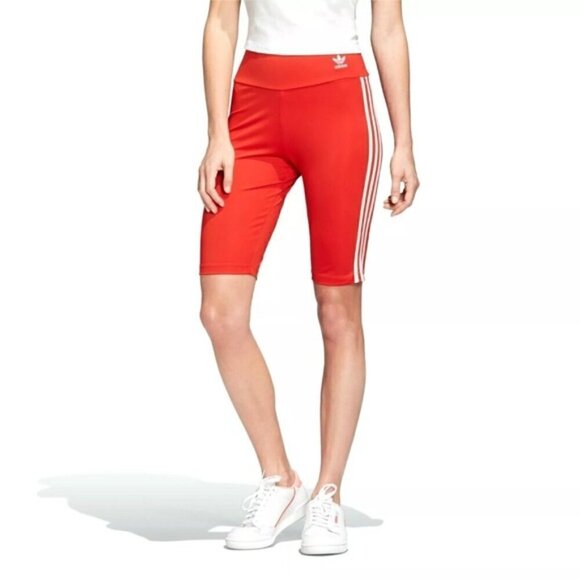 NWT Adidas Women Originals Long 3-Stripes BIKER SHORTS Lush Red/White size XS - Picture 1 of 10